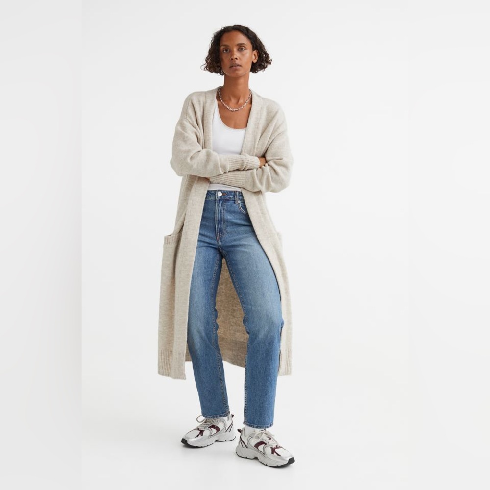 H&M Long Fine-knit Cardigan, XS, Light Beige Melange